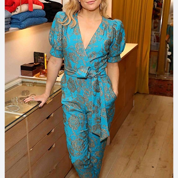 NWT Happy x Nature by Kate Hudson Teal & Gold Brocade Puff Sleeve Jumpsuit - Picture 2 of 15